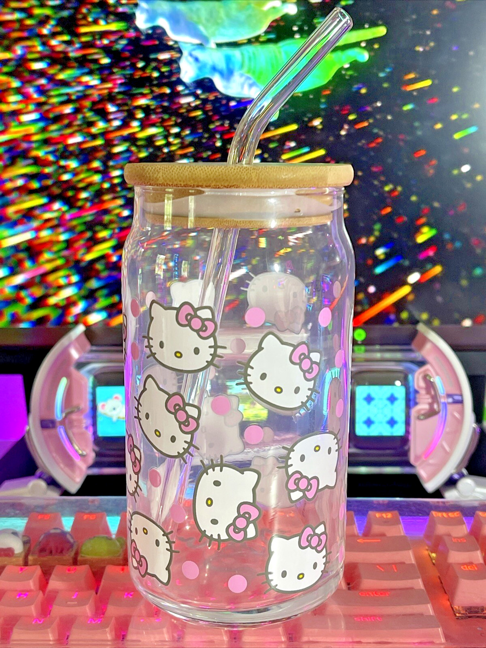 Hello Kitty Glass Tumbler Lid Straw Face Pink Bow Polka Dot Clear 2024 Sanrio